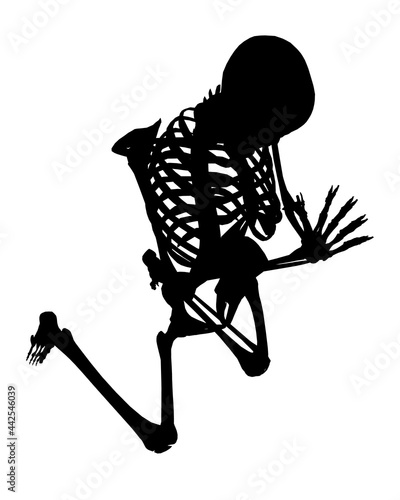 Silhouette of a skeleton kneeling and praying isolated on a white background. Vector illustration