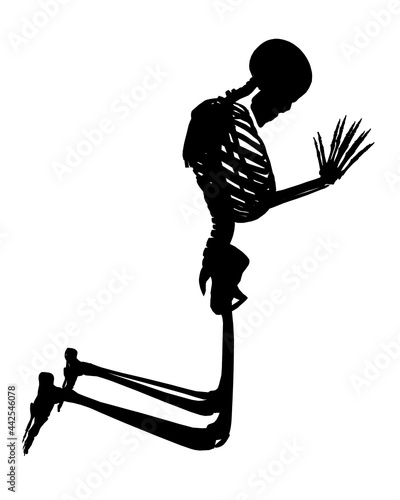 Silhouette of a skeleton kneeling and praying isolated on a white background. Vector illustration