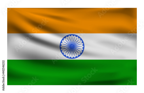 Realistic National flag of India. Current state flag made of fabric. Vector illustration of lying wavy cloth in national colors of India.