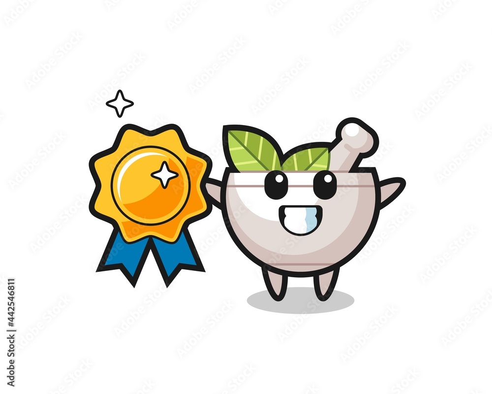 herbal bowl mascot illustration holding a golden badge