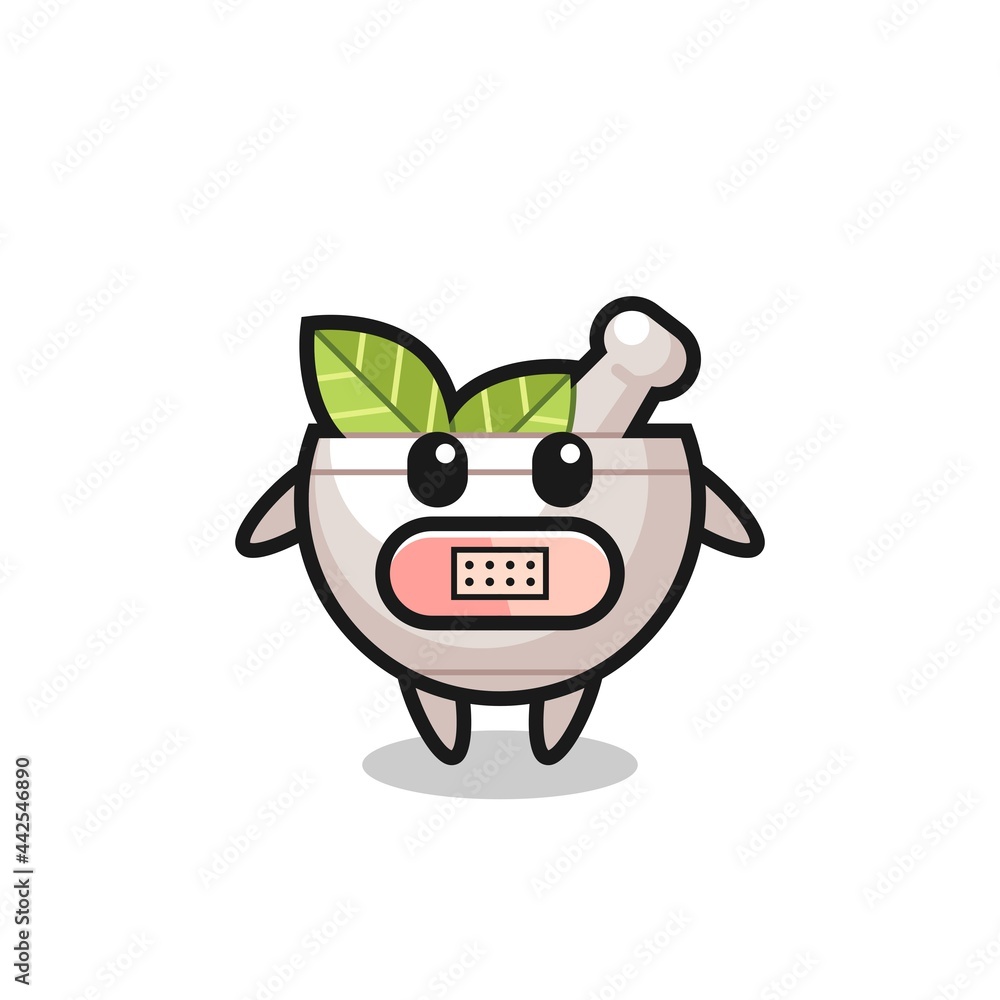 Cartoon Illustration of herbal bowl with tape on mouth Cartoon Illustration of herbal bowl with tape on mouth