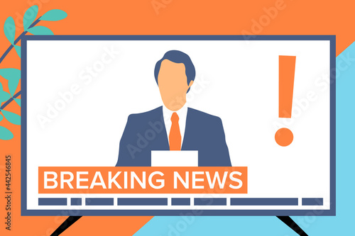 Breaking news reader anchorman in white medical mask during coronavirus COVID-19 pandemic. Media, journalism, press vector illustration.