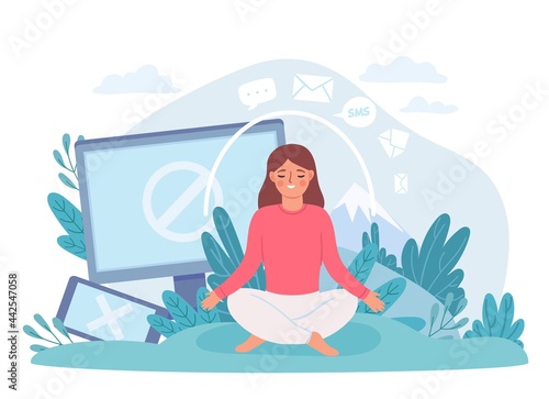 Digital detox. Woman in lotus pose meditate and take break from internet, phone and social networks. Disconnect offline life vector concept