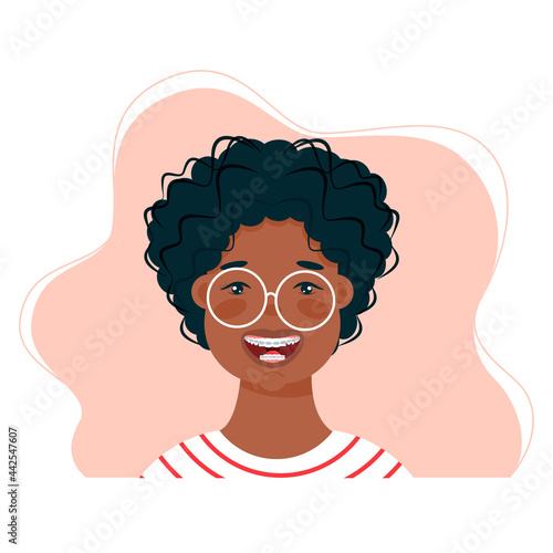Cartoon vector illustration of Little boy with brace on his teeth 
