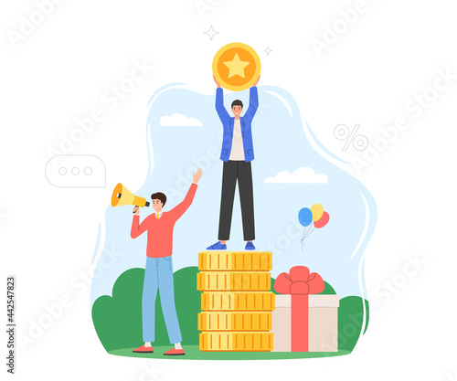 Loyalty referral program concept. Gifts, discounts, awards and bonuses to customers. A man with a megaphone invites friends. Social media marketing. Vector illustration
