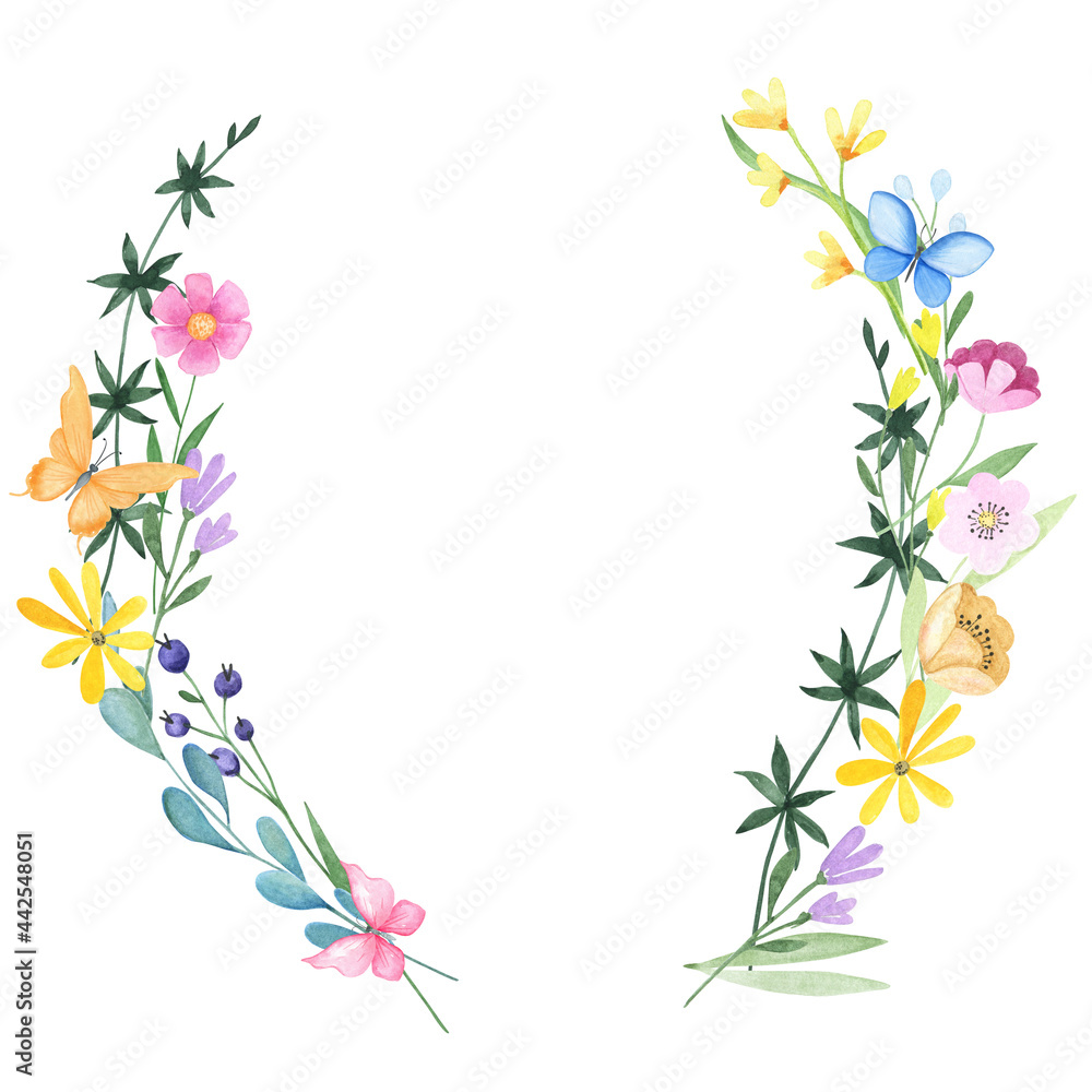 Watercolor floral wreath. Delicate flowers. Round border