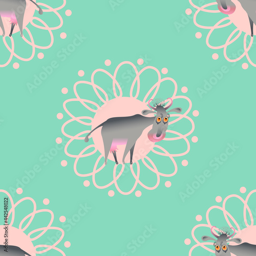 Decorative image of a cow and flowers. Humor. Seamless pattern. Vector graphics