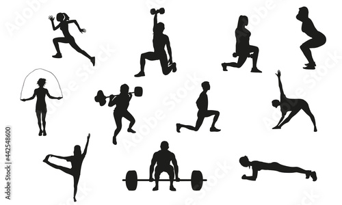 silhouettes of people, doing exercise with dumbbell, squad, practicing yoga. flat style workout vector illustrations. home workout, indoor activity photo