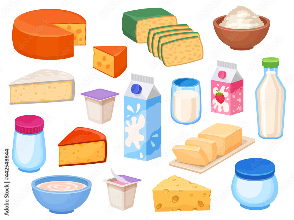 Dairy products. Cheese slices, milk in bottle, box and glass, yoghurt, butter, curd in bowl and cream. Cartoon farm milky food vector set Dairy products. Cheese slices, milk in bottle, box and glass, yoghurt, butter, curd in bowl and cream. Cartoon farm milky food vector set
