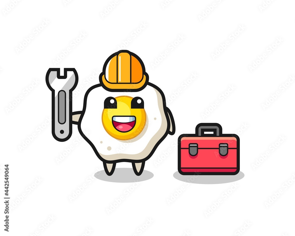 Mascot cartoon of fried egg as a mechanic