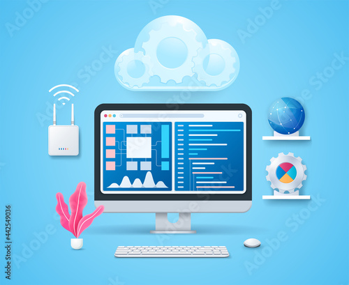 Cloud computing concept. Data protected exchange on computer or other mobile device and online storage. Computer with open programming window and diagram page on screen. Keyboard and mouse. Web vector