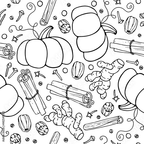 Autumn Seamless pattern. Hand draw Pumpkin and spice backdrop. Doodle vector Pumpkin pie spice illustration. Ingredients for classic recipe autumn drink and food For wallpaper, wrapping, scrapbooking.
