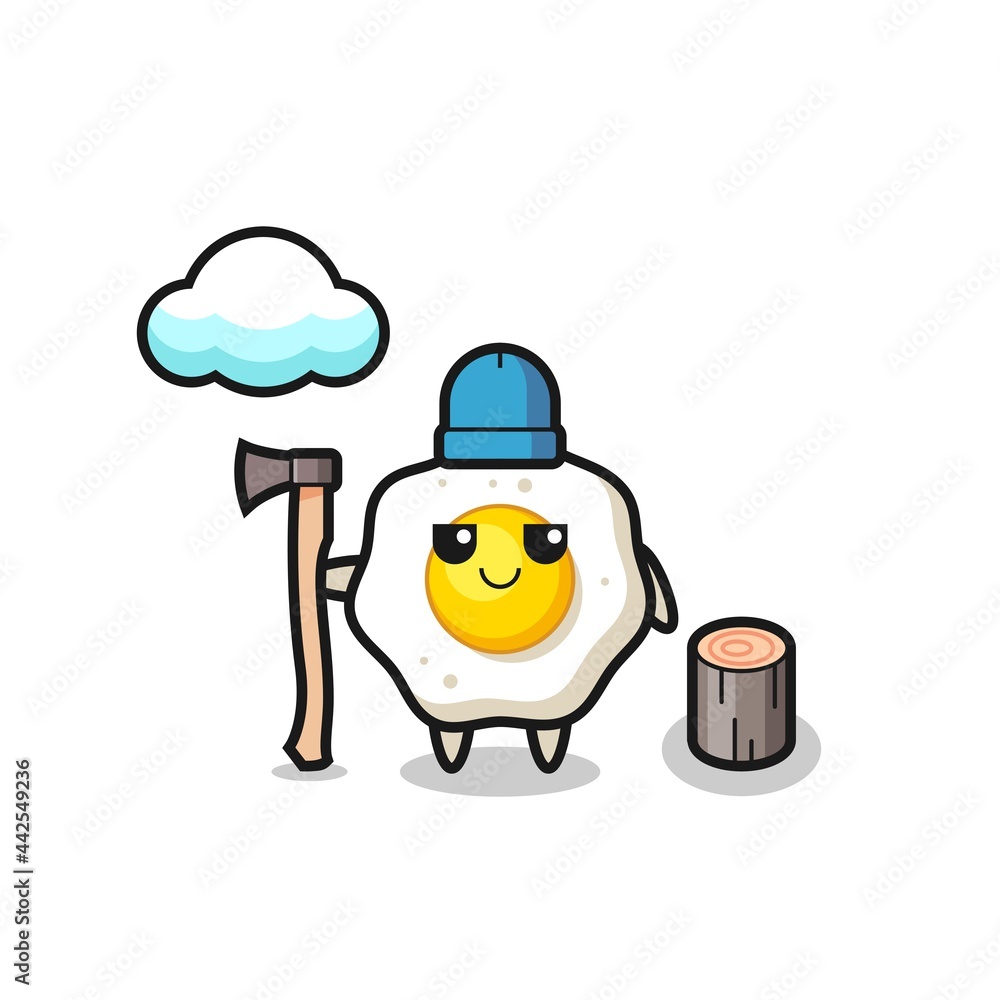 Character cartoon of fried egg as a woodcutter