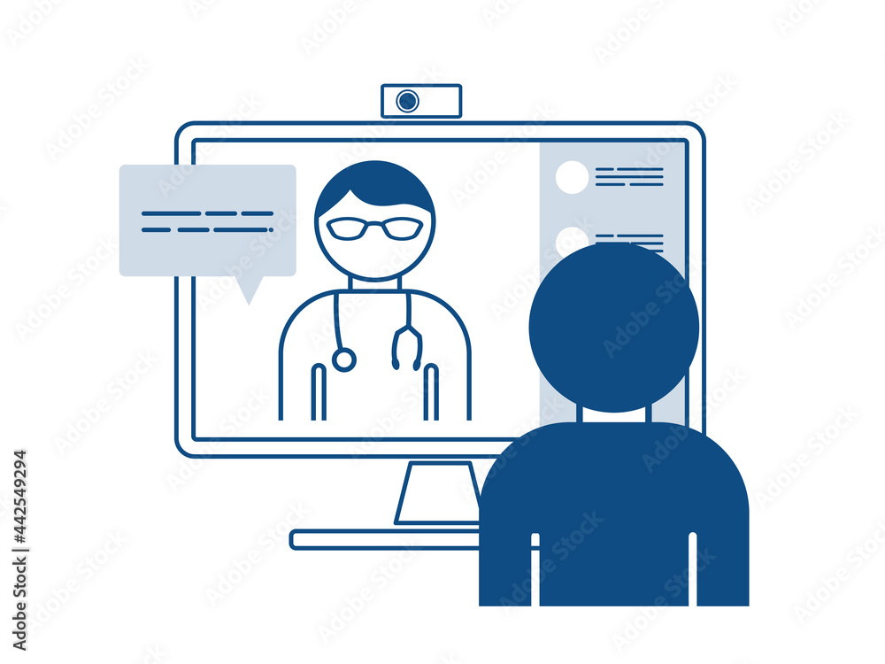 Virtual doctor visit, telemedicine healthcare concept,doctor giving advice over laptop computer screen to, medical worker on display, remote appointment. Online medical consultation concept. EPS10.