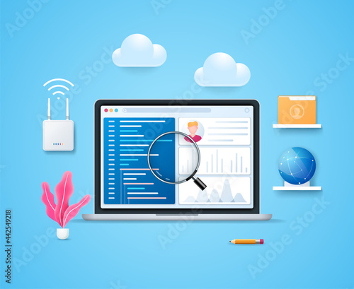 Monitoring user activity concept. Checking for suspicious activity. Laptop with open programming window and user info page on screen. Web vector illustrations in 3D style
