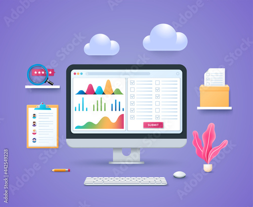 Online survey concept. Computer with open diagram, graph, vote list pages on screen. Keyboard and mouse. Magnifying glass and folder on the shelves. Web vector illustration in 3D style