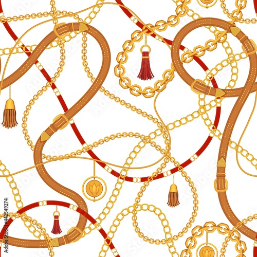 Leather belt and chain print. Straps with buckles, golden chains, belts and tassels seamless pattern. Chic clothing accessory vector fabric