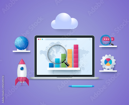 Search engine ranking concept. Laptop with diagram and magnifying glass on screen. Rocket, globe, gear on the shelves. Web vector illustration in 3D style