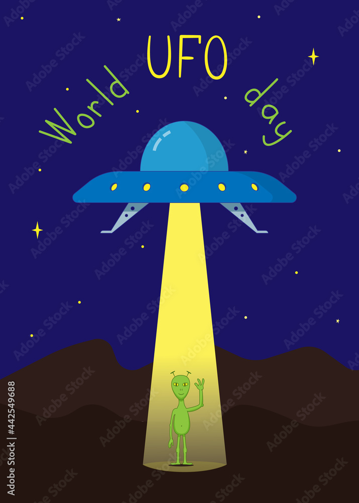 World UFO Day. A flying saucer with a glass dome and a searchlight beam ...