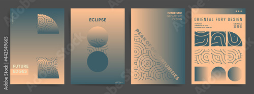 Gradient space geometric poster layouts collection. For poster, book magazine covers, brochure, identity and web art. halftone gradient with wavy lines and retro 70s design, Vector aesthetics backdrop