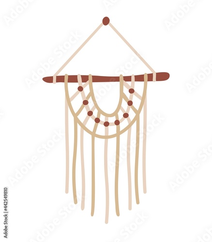 Wall macrame on a wooden stick. Modern home decor. DIY decoration. Scandinavian interior or hugge style. Cozy home concept. Vector illustration on white isolated background.