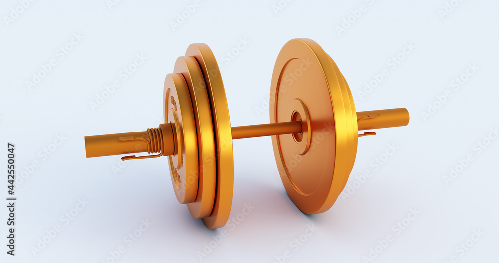3d render of golden Stylish Iron Barbell, gold dumbbell isolated on white background. High resolution 3d render of golden Stylish Iron Barbell, gold dumbbell isolated on white background. High resolution