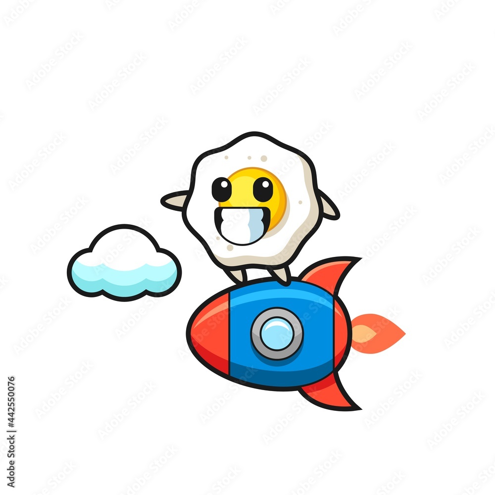 fried egg mascot character riding a rocket