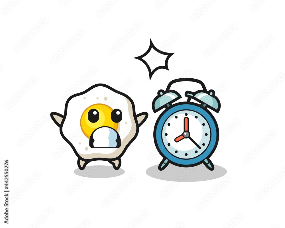Cartoon Illustration of fried egg is surprised with a giant alarm clock Cartoon Illustration of fried egg is surprised with a giant alarm clock