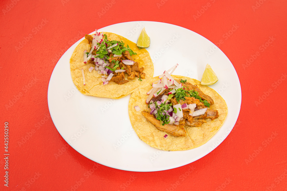 Tacos with corn flour tortillas with lots of coriander, red onion, radishes and stewed chicken on a white plate Tacos with corn flour tortillas with lots of coriander, red onion, radishes and stewed chicken on a white plate