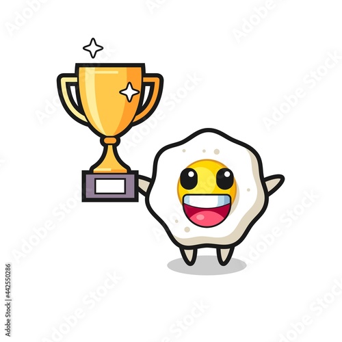 Wallpaper Mural Cartoon Illustration of fried egg is happy holding up the golden trophy Torontodigital.ca