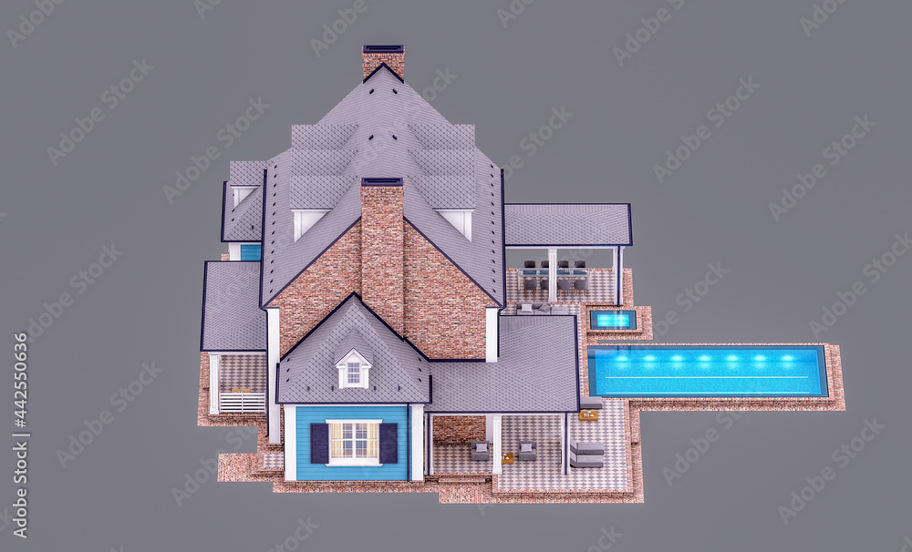 3d rendering of modern cozy classic house in colonial style with garage and pool for sale or rent in evening. Isolated on gray. 3d rendering of modern cozy classic house in colonial style with garage and pool for sale or rent in evening. Isolated on gray.