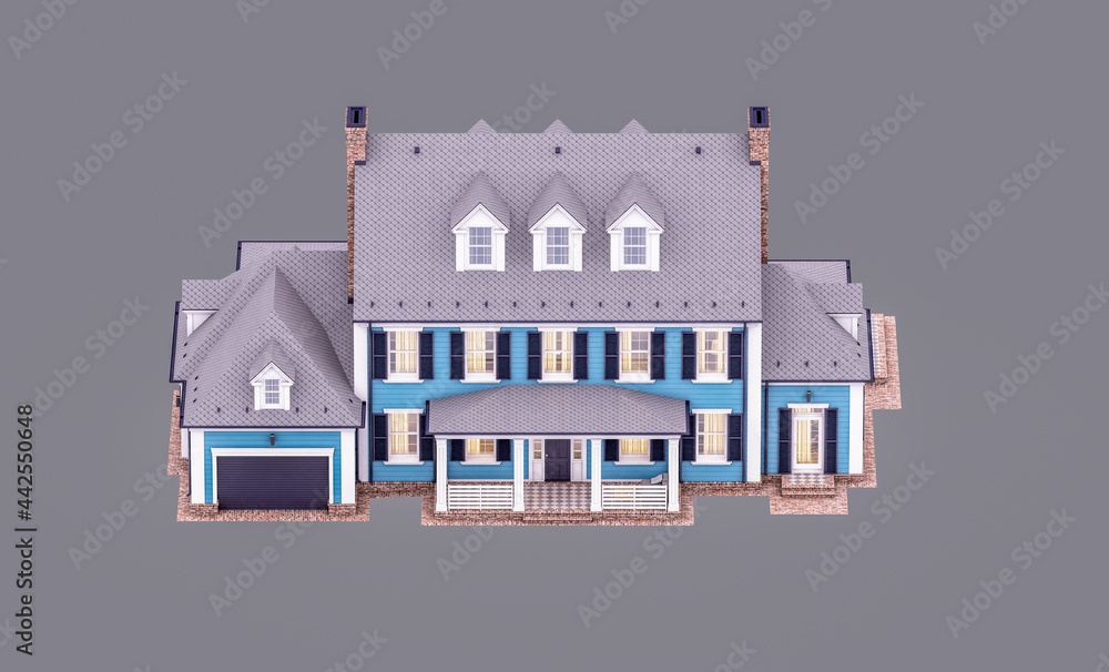 3d rendering of modern cozy classic house in colonial style with garage and pool for sale or rent in evening. Isolated on gray. 3d rendering of modern cozy classic house in colonial style with garage and pool for sale or rent in evening. Isolated on gray.