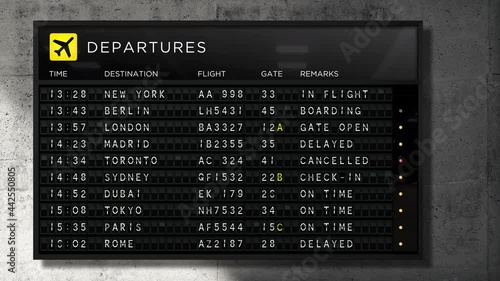 Airport departures split flap mechanical board realistic 3D animation updating and showing flight status to several destinations. photo