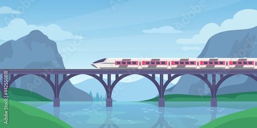 Train on bridge. Mountain landscape with speed electric train on railway. Fast railroad transport. Traveling adventure trip vector concept