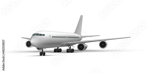Realistic standing airplane, jet aircraft or airliner perspective view. Detailed passenger air plane.
