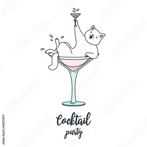 Cocktail Party. Illustration of a happy white cat sitting in cocktail with a glass in its paw. Can be used as invitation card or flyer.
