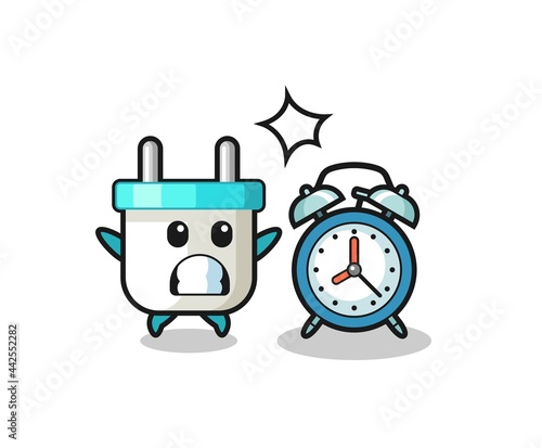 Cartoon Illustration of electric plug is surprised with a giant alarm clock