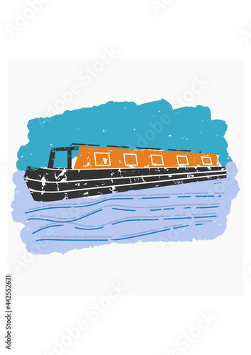 Editable Brush Strokes Style Three-Quarter Oblique View Narrow Boat on Wavy Water Vector Illustration for Artwork Element of Transportation or Recreation of United Kingdom or Europe Related Design