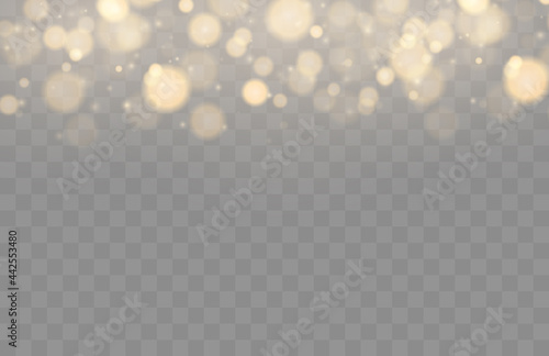 Shining bokeh isolated on transparent background. Golden bokeh lights with glowing particles isolated. Christmas concept