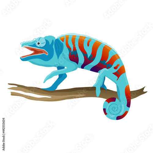Vector illustration of a blue chameleon with bright spots. 
