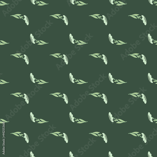 Geometric floral seamless pattern with abstract flowers silhouettes. Green dark background.