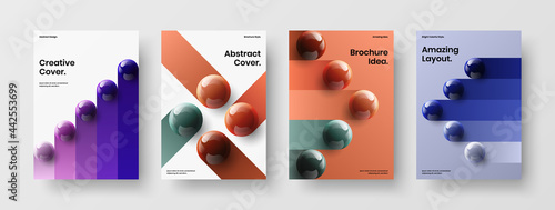 Premium postcard design vector layout collection. Clean 3D orbs banner template bundle.