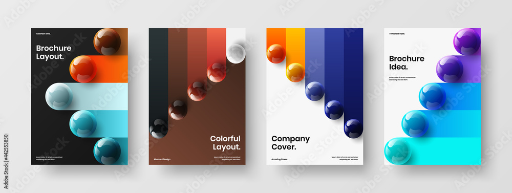 Amazing corporate brochure design vector layout composition. Trendy 3D spheres placard illustration set.