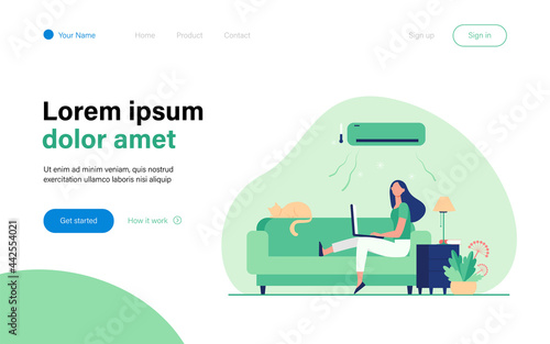 Woman sitting on sofa with cat and laptop under air conditioner. Girl, cooling, couch flat vector illustration. Home and freelance concept for banner, website design or landing web page