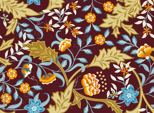 Floral seamless pattern with abstract flowers and foliage on burgundy background. Vector illustration.