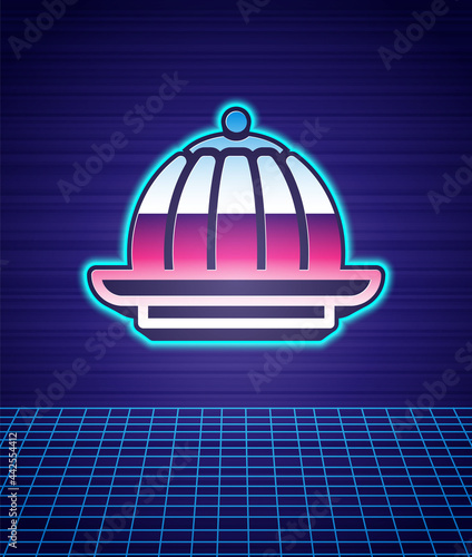 Retro style Pudding custard with caramel glaze icon isolated futuristic landscape background. 80s fashion party. Vector