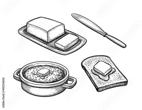 Ink sketch of oatmeal and toast with butter.