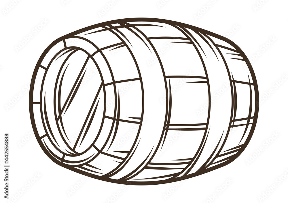 Illustration of wooden barrel with beer. Object in engraving hand drawn style. Old element for beer festival or Oktoberfest.