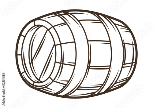 Illustration of wooden barrel with beer. Object in engraving hand drawn style. Old element for beer festival or Oktoberfest.