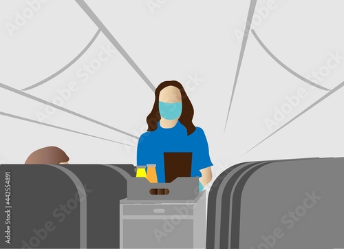 A girl stewardess delivers food to passengers. Flat vector illustration.